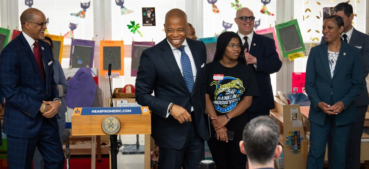 Mayor Eric Adams (center), schools Chancellor David Banks (left) and City Council Speaker Adrienne Adams (right) visited P.S. 34 on Friday to announce new funding for education programs.