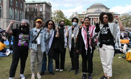 City Council Members Tiffany Cabán (second from left), Alexa Avilés (third from left), Shahana Hanif (second from right) and Sandy Nurse (far right) visited the “Gaza Solidarity Encampment” at Columbia University on April 20, 2024.