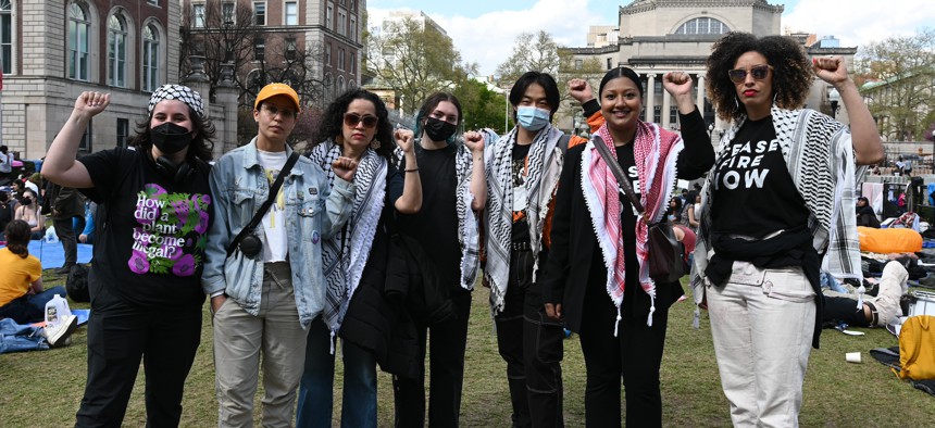 City Council Members Tiffany Cabán (second from left), Alexa Avilés (third from left), Shahana Hanif (second from right) and Sandy Nurse (far right) visited the “Gaza Solidarity Encampment” at Columbia University on April 20, 2024.