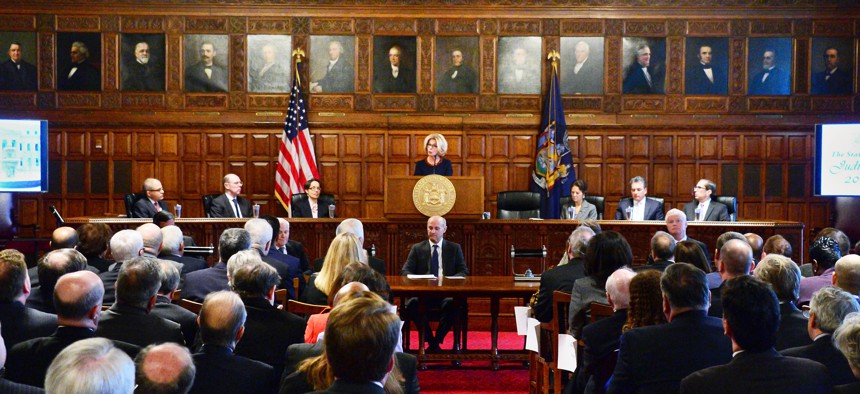 Former Chief Judge Janet DiFiore delivers her State of the Judiciary address inside the Court of Appeals Hall in 2018.