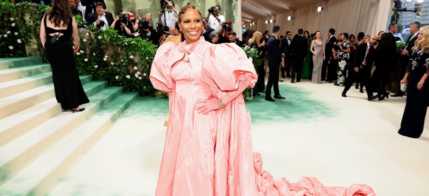 New York City Council Speaker Adrienne Adams sports a long, pink dress at the 2024 Met Gala.
