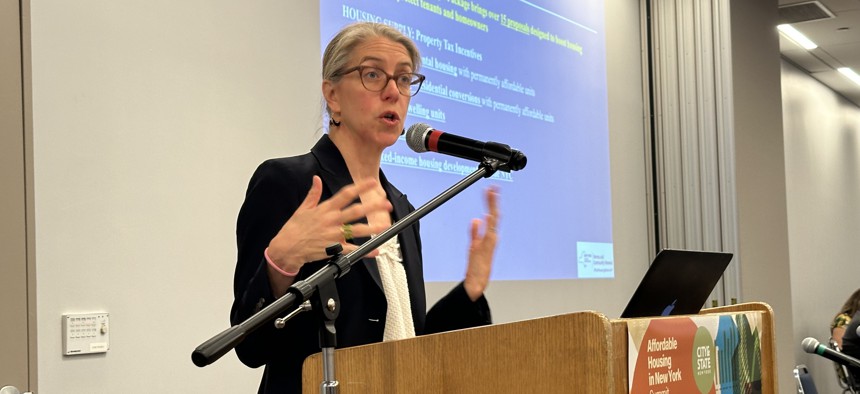 RuthAnne Visnauskas, Commissioner and CEO of New York State Homes and Community Renewal speaks at the City & State’s 2024 Affordable Housing Summit on Thursday at Hebrew Union College in Manhattan.
