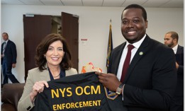 Gov. Kathy Hochul and Office of Cannabis Management executive director Christopher Alexander announce enforcement actions against illegal cannabis businesses on June 23, 2023.