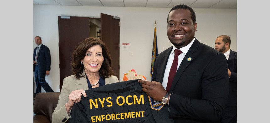 Gov. Kathy Hochul and Office of Cannabis Management executive director Christopher Alexander announce enforcement actions against illegal cannabis businesses on June 23, 2023.