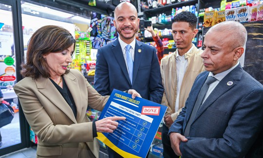 Gov. Kathy Hochul brought a post-budget checklist on combating retail theft to an event.