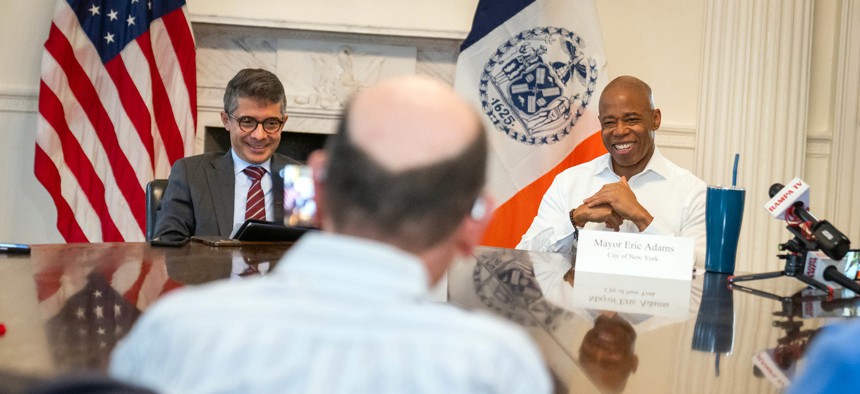 José Bayona, the former executive director of the New York City Mayor’s Office of Ethnic and Community Media, with Mayor Eric Adams at a roundtable event last year.