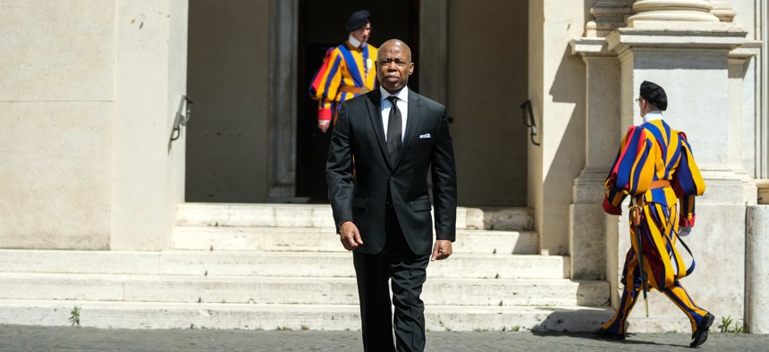 Mayor Eric Adams walks in the Vatican following a private audience with Pope Francis on May 11, 2024.