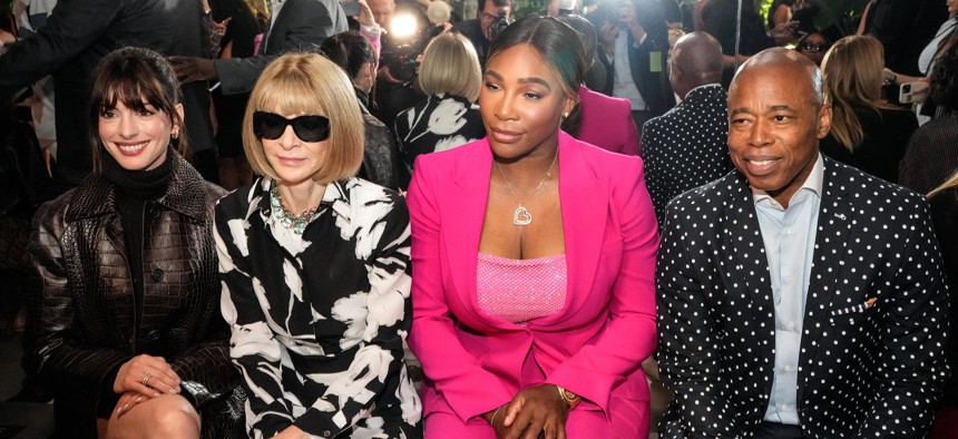 From left, Anne Hathaway, Anna Wintour, Serena Williams and New York City Mayor Eric Adams at Fashion Week in 2022.