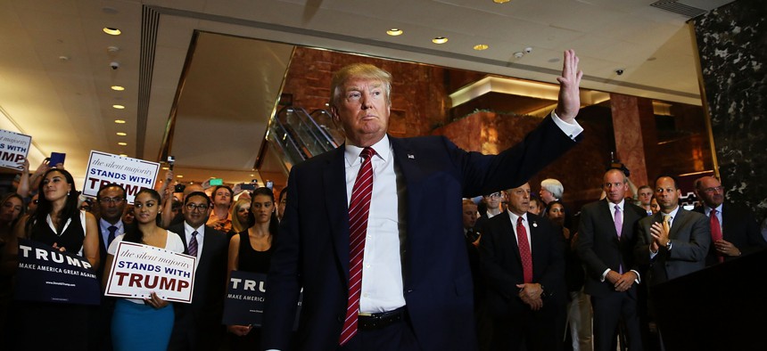 Presidential candidate and reality TV star Donald Trump holds a press availability in 2016.