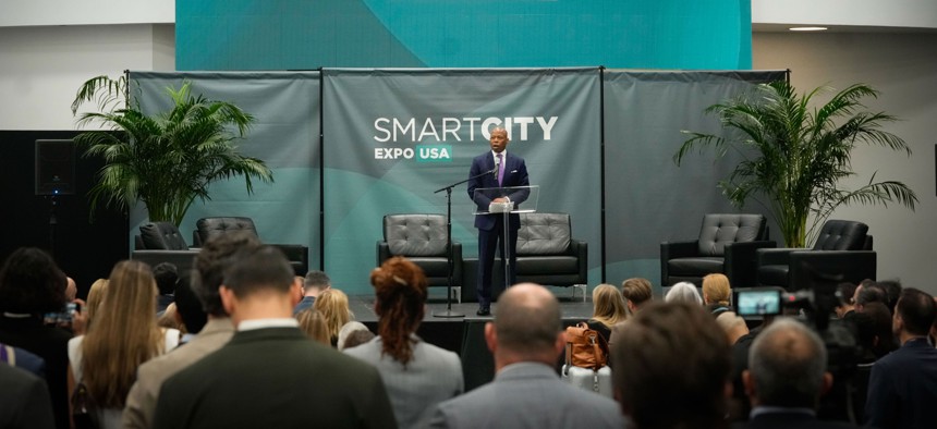 Mayor Eric Adams delivers remarks at the Smart City Expo USA on May 22, 2024.