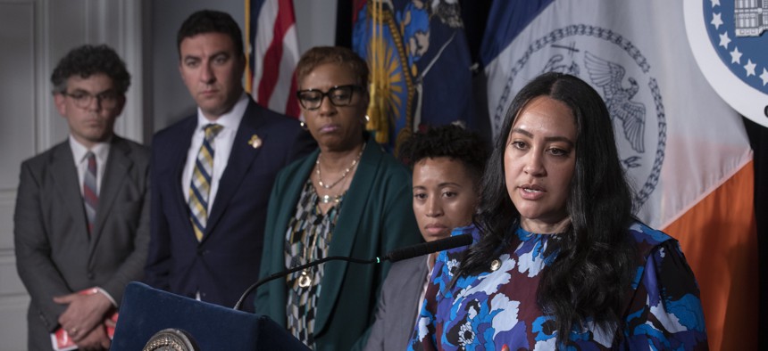 City Council Members Amanda Farías (right) and Crystal Hudson (second from right) introduced bills aimed at ensuring parking garages won’t collapse.