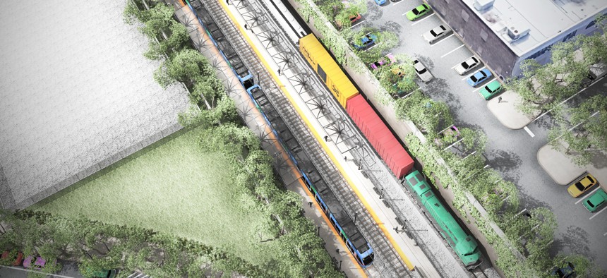 A rendering of the Nordstrand Avenue station on the proposed Interborough Express connecting Brooklyn and Queens.