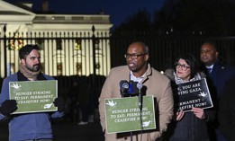 Rep. Jamaal Bowman (center) holds a press conference outside the White House with Assembly Member Zohran Mamdani (second from left) and Rep. Rashida Tlaib (second from right), both of whom have been endorsed by DSA, on Nov. 29, 2023. 
