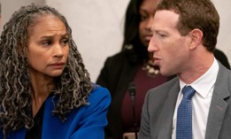 Meta CEO Mark Zuckerberg talking to Leadership Conference on Civil and Human Rights President and CEO Maya Wiley at an AI forum last year.