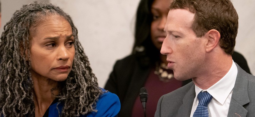 Meta CEO Mark Zuckerberg talking to Leadership Conference on Civil and Human Rights President and CEO Maya Wiley at an AI forum last year.