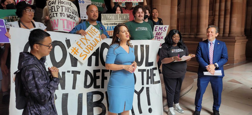 Assembly Member Catalina Cruz speaks at a rally in support of congestion pricing at the state Capitol on June 7, 2024.