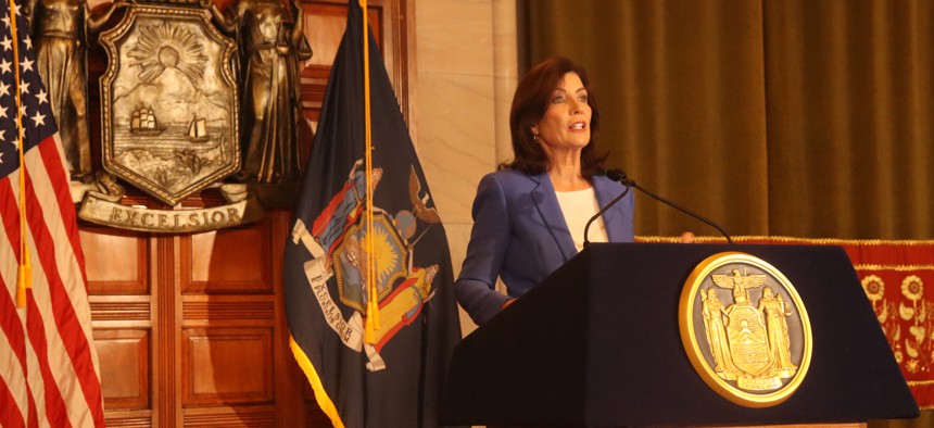 Gov. Kathy Hochul speaks the press about MTA funding on June 7, 2024.