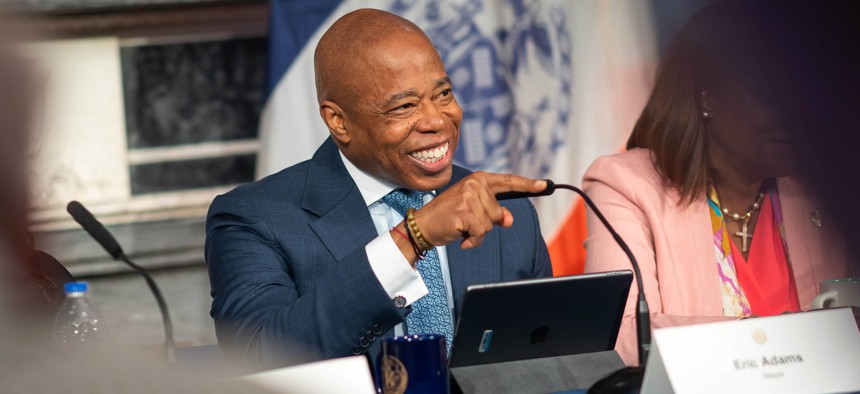 New York City Mayor Eric Adams addresses the press at his weekly “off-topic.”