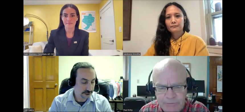 Assembly Member Sarahana Shrestha (top right) and challenger Gabi Madden (top left) participate in a virtual debate moderated by Daily Freeman senior editor Ivan Lajara and reporter Paul Kirby.