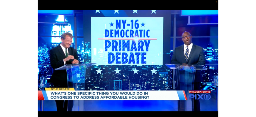 Westchester County Executive George Latimer and Rep. Jamaal Bowman participate in the WPIX11 debate on June 18, 2024.