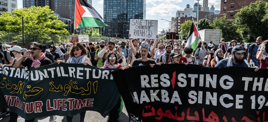 Pro-Palestinian activists march in Brooklyn on May 31, 2024.