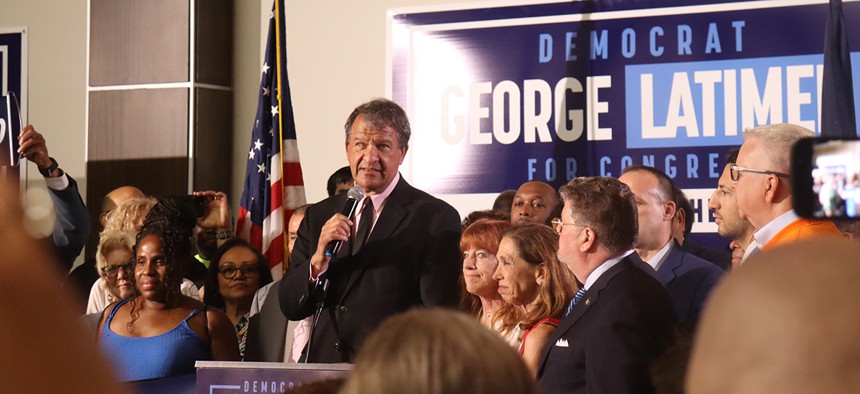 After defeating Rep. Jamaal Bowman in the Democratic congressional primary, Westchester County Executive George Latimer speaks at his election night party in White Plains.