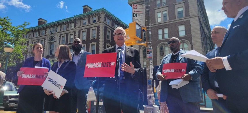 Assembly Member Jeffrey Dinowitz speaks at the launch of the #UnMaskHateNY campaign outside Columbia University on June 27, 2024.