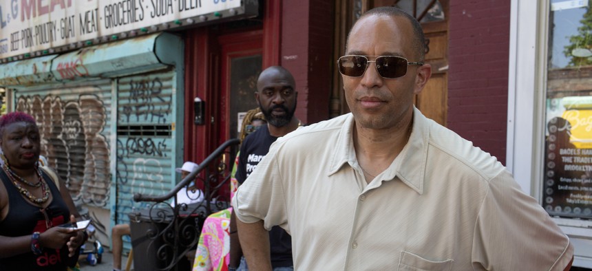 Rep. Hakeem Jeffries campaigns for mayoral candidate Maya Wiley in Bedford-Stuyvesant on June 20, 2021.