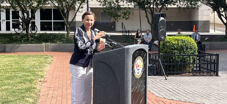Rep. Nydia Velázquez spoke at the Allentown Arts Park In Allentown, Pennsylvania, Tuesday as part of a nationwide tour aimed at informing Latino communities about the work of Congress and the Biden administration.