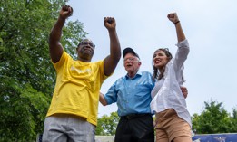 U.S. Sen. Bernie Sanders (center) campaigned with Reps. Jamaal Bowman (left) and Alexandria Ocasio-Cortez (right) in the Bronx on June 22, 2024. Bowman later lost the Democratic primary to challenger George Latimer.