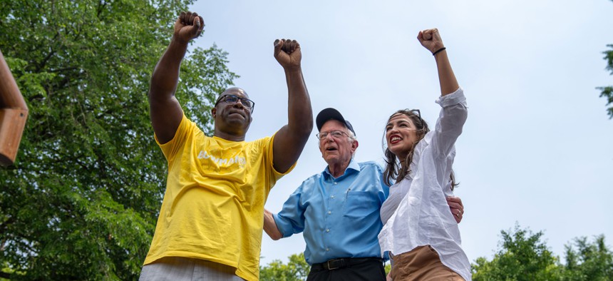 U.S. Sen. Bernie Sanders (center) campaigned with Reps. Jamaal Bowman (left) and Alexandria Ocasio-Cortez (right) in the Bronx on June 22, 2024. Bowman later lost the Democratic primary to challenger George Latimer.