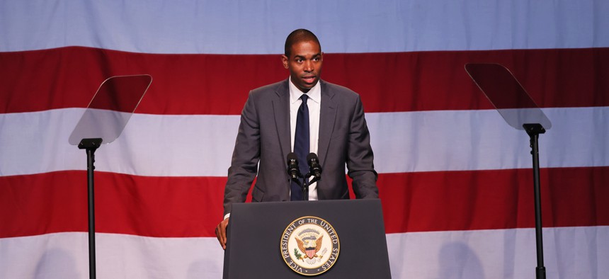 Lt. Gov. Antonio Delgado speaks at an event in Bedford-Stuyvesant during a visit by Vice President Kamala Harris.