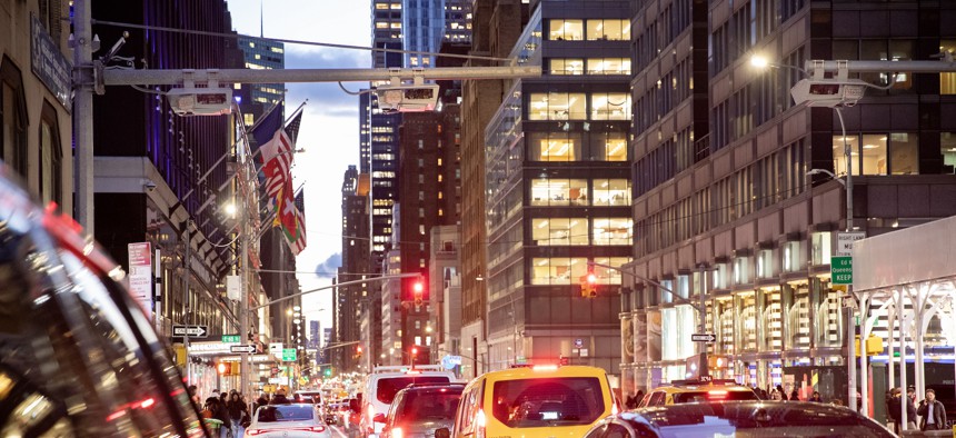 Congestion pricing plate readers over Lexington Avenue in Manhattan.