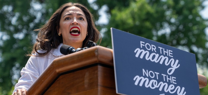 Rep. AOC speaks at a rally for fellow socialist Rep. Jamaal Bowman.