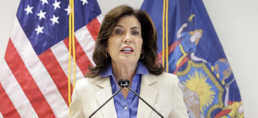 Gov. Kathy Hochul speaks during a statewide listening tour about teen smartphone use on July 15, 2024.