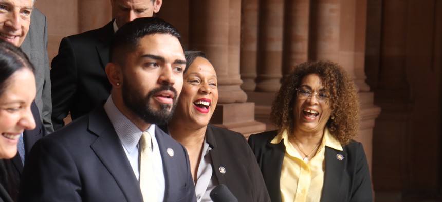 Assembly Member Kenny Burgos speaks at a rally against congestion pricing.