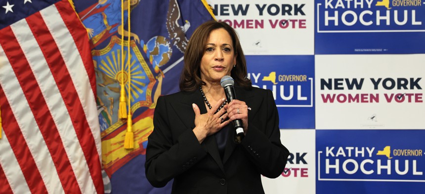 Vice President Kamala Harris speaks during a New York Women “Get Out The Vote” rally at Barnard College on Nov. 3, 2022.