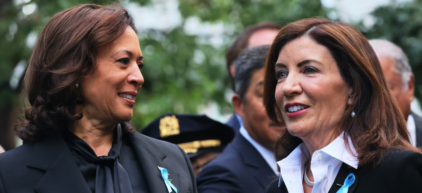 Vice President Kamala Harris (left) and Gov. Kathy Hochul (right) speak at the 9/11 Commemoration Ceremony on Sept. 11, 2023.