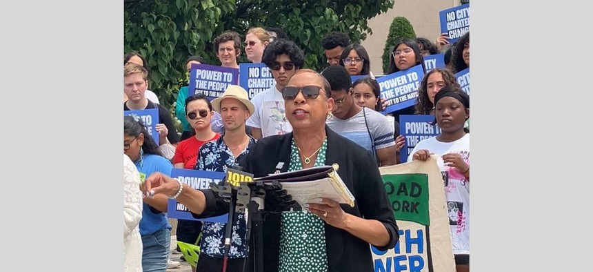 Regarding the mayor’s Charter Revision Commission, City Council Speaker Adrienne Adams asked the crowd, “Do you want a king?”