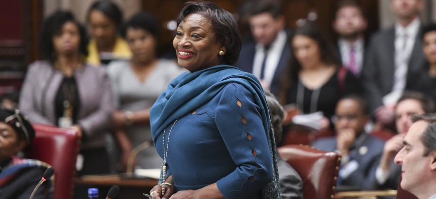 State Senate Majority Leader Andrea Stewart-Cousins addresses the Senate on Jan. 8, 2020.