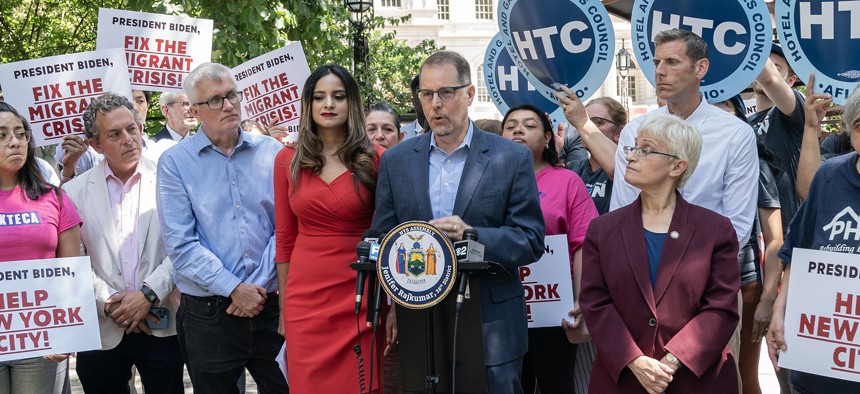 Assembly Member Jenifer Rajkumar, left of center, and Manhattan Borough President Mark Levine, center, are both possible comptroller candidates.