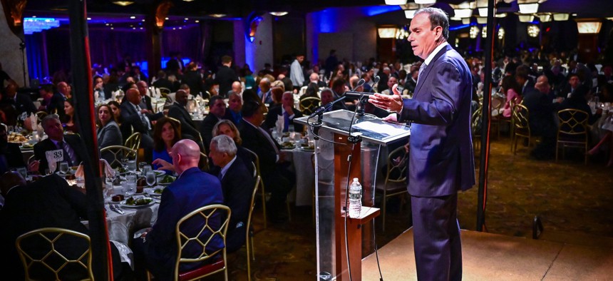 Jay Jacobs, chair of the state Democratic Party and the Nassau County Democratic Party, addresses attendees at the Nassau County Democrats’ Annual Fall Dinner on Oct. 14, 2021.