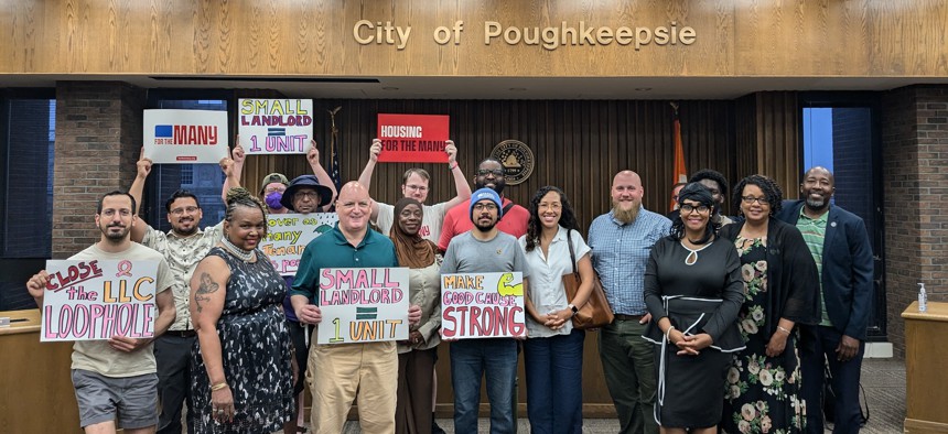 Advocates celebrate Poughkeepsie’s vote to adopt “good cause” eviction protections on July 9, 2024.