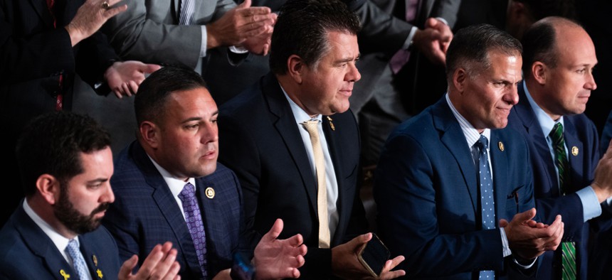 Republican Reps. Mike Lawler, Anthony D’Esposito, Nick Lalota, Marc Molinaro and Nick Langworthy attend Israeli Prime Minister Benjamin Netanyahu’s speech to Congress on July 24, 2024. 