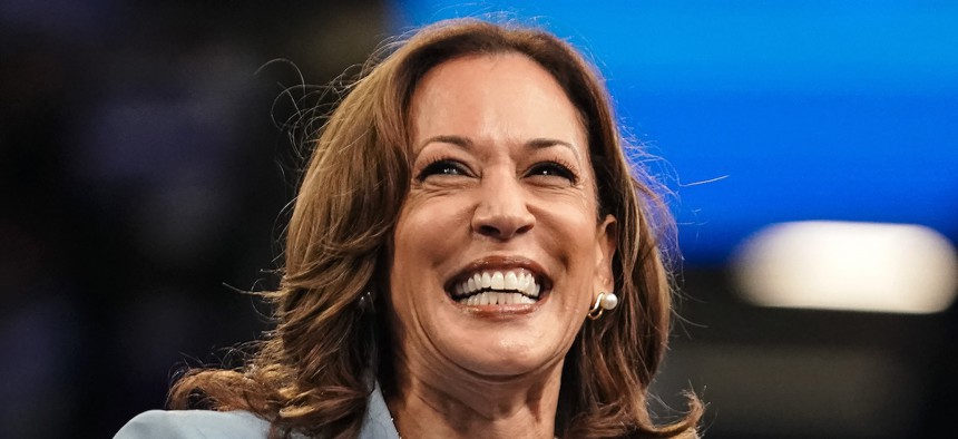 Vice President and 2024 Democratic presidential candidate Kamala Harris smiles as she takes the podium to speak at a campaign rally in Atlanta on Wednesday.