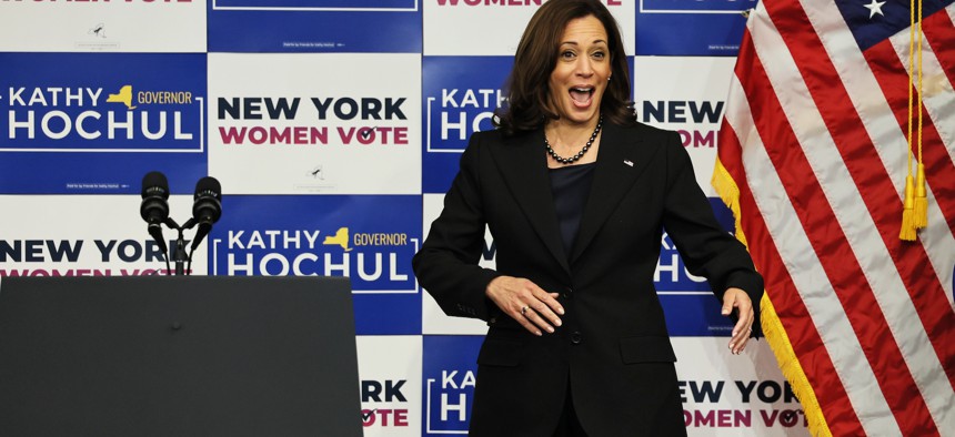 Vice President Kamala Harris greets the crowd during an rally at Barnard College in Manhattan on Nov. 3, 2022.