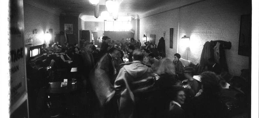 Members of the Village Independent Democrats meet for a primary night count at the Limelight Cafe in 1961.