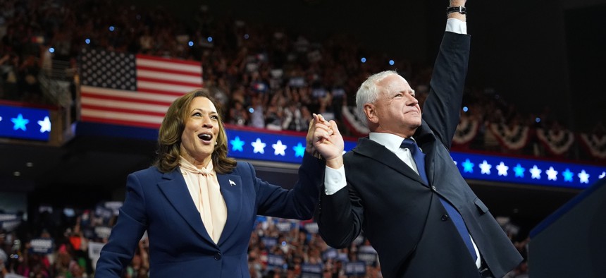 Vice President Kamala Harris introduces her running mate, Minnesota Gov. Tim Walz, at a campaign event in Philadelphia on Aug. 6, 2024.