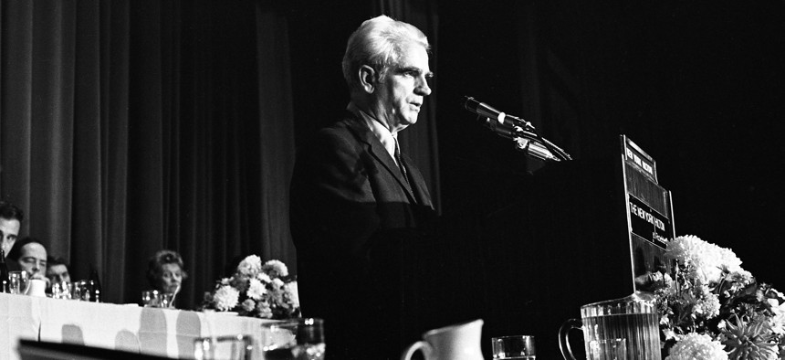 Attorney Paul O’Dwyer speaks at a 1968 campaign fundraiser for U.S. Senate, a race he lost to Republican Jacob Javits.