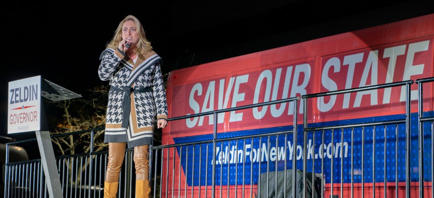 Former NYPD officer Alison Esposito speaks at an event in Long Island while running for lieutenant governor on Oct. 29, 2022.